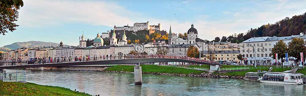 View from the Makartsteg over the Salzach to the Salzburg old town and the fortress Hohensalzburg - Jrg Nitzsche Hamburg Germany