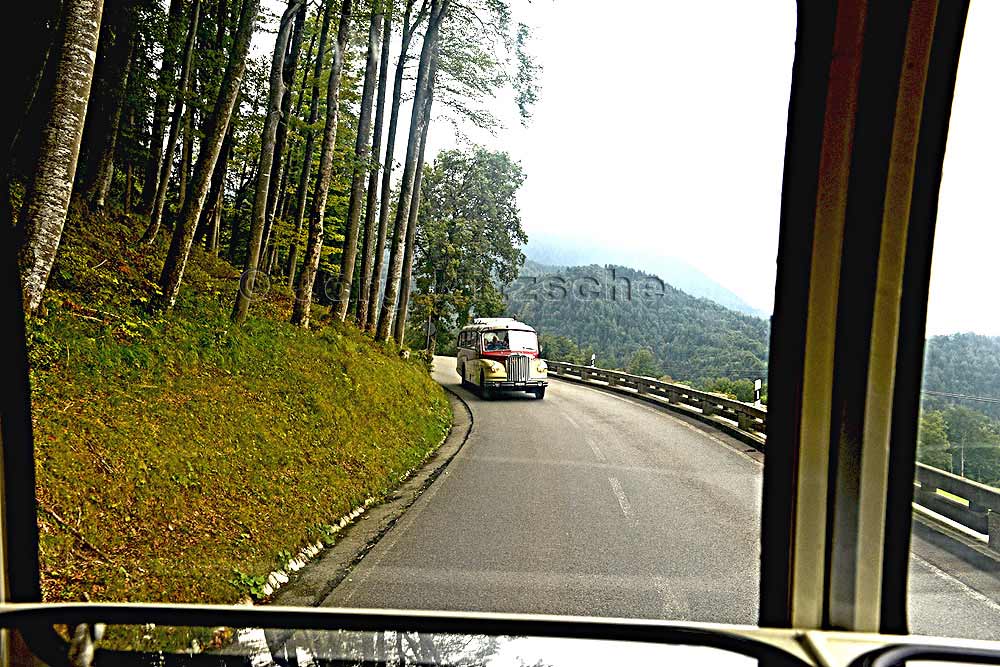 Oldtimer buses drive visitors to the Rofeld during the International Edelweiss Mountain Award Rofeld Berchtesgaden - Jrg Nitzsche Hamburg Germany